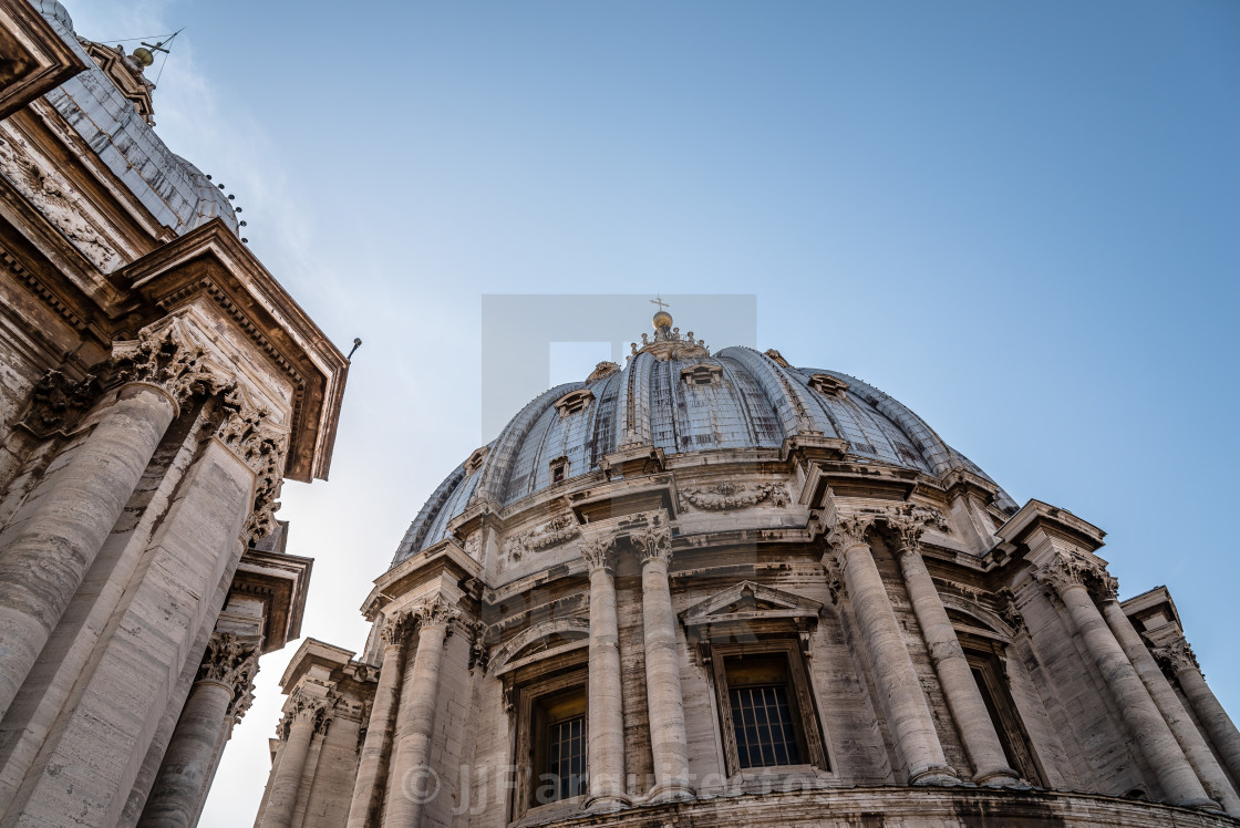 "Exterior view of a Dome in the Basilica of St Peter. Low angle v" stock image