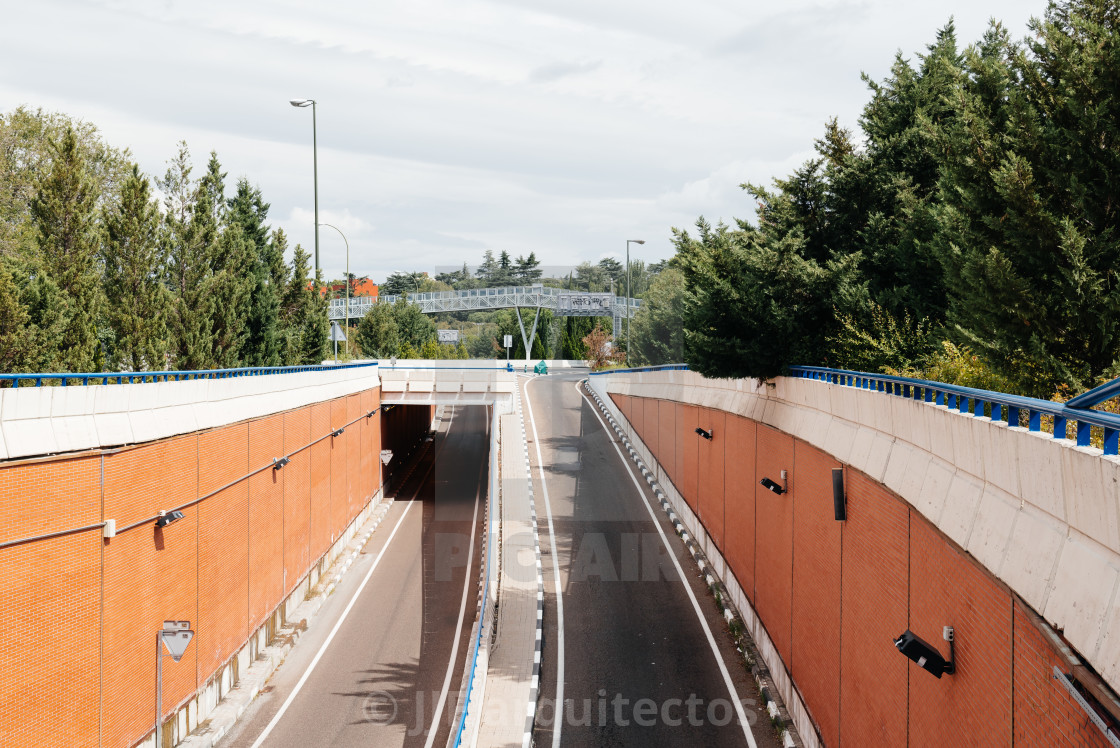 "Access to M30 Motorway in Madrid a cloudy day" stock image