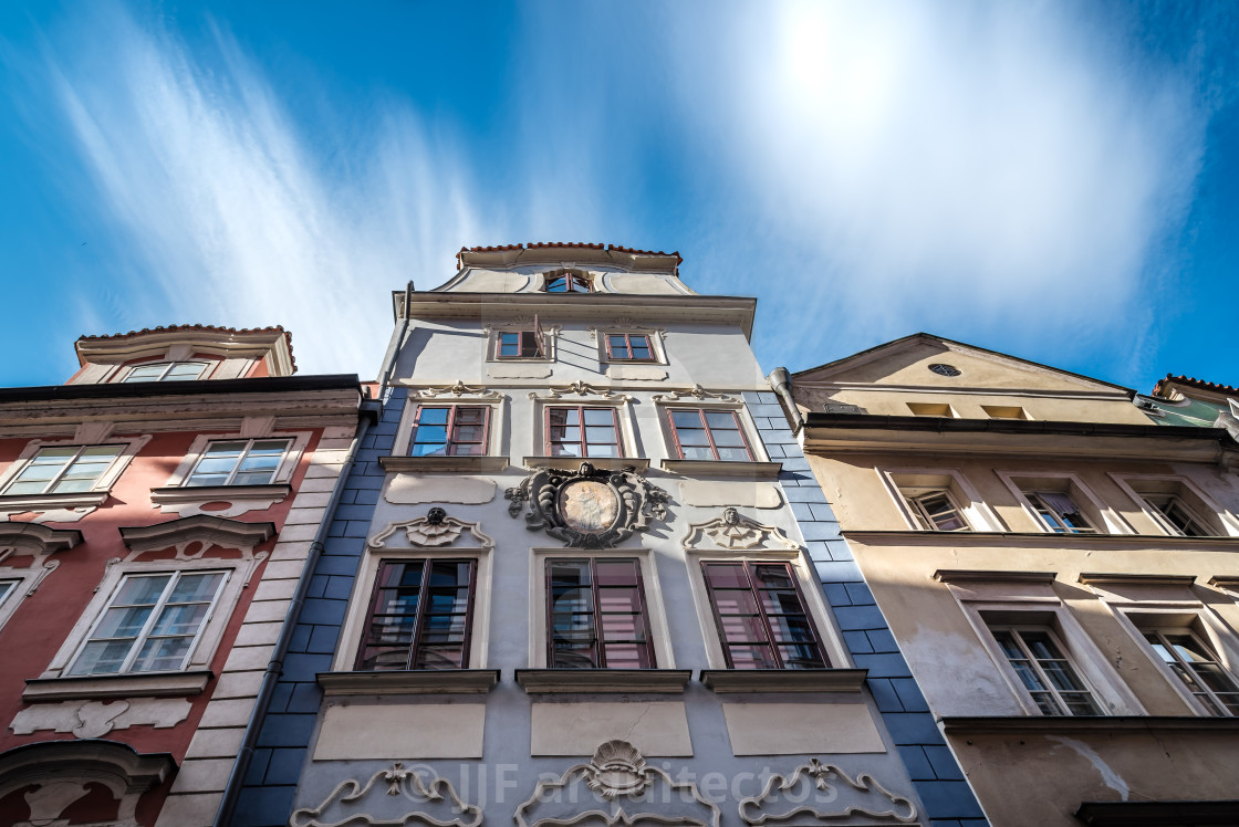 "Low angle view of old buildings in historic centre of Prague" stock image