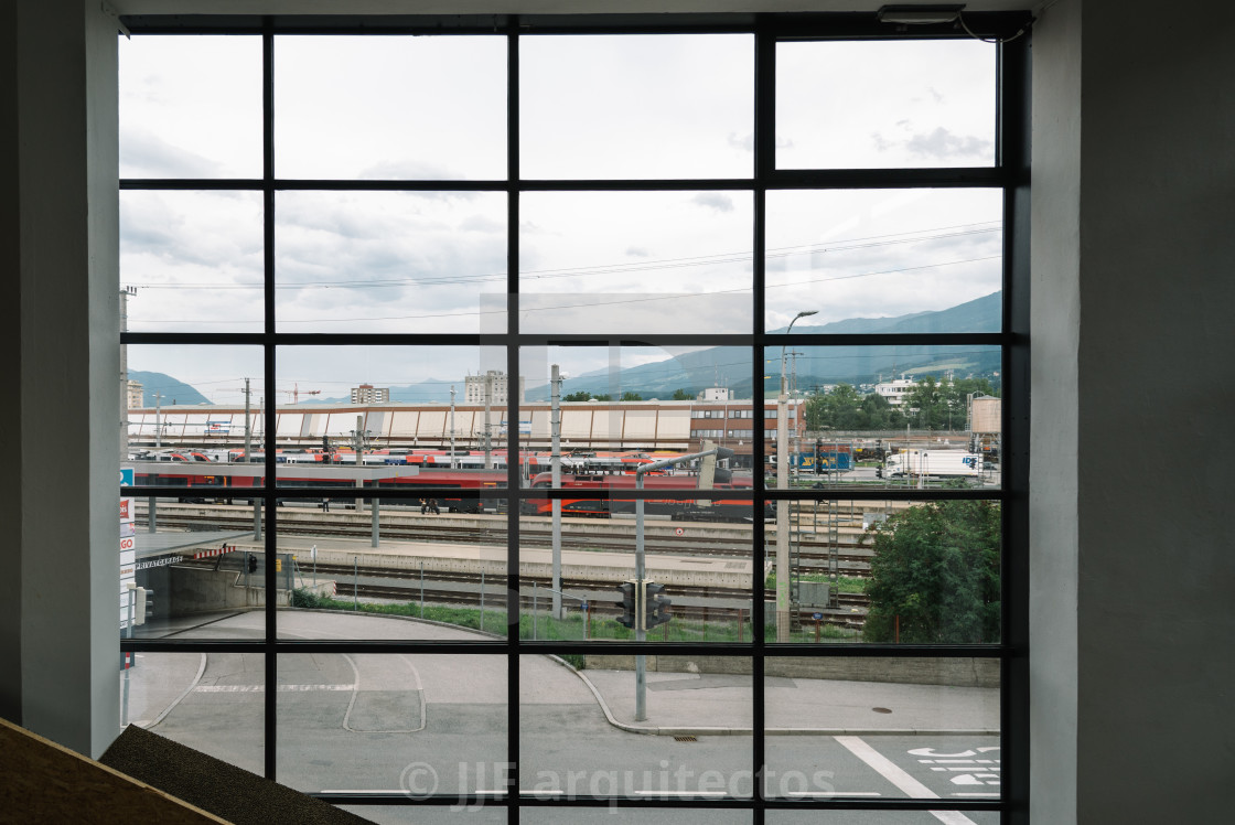 "Looking through window of Tyrolean Architecture center in Innsbr" stock image