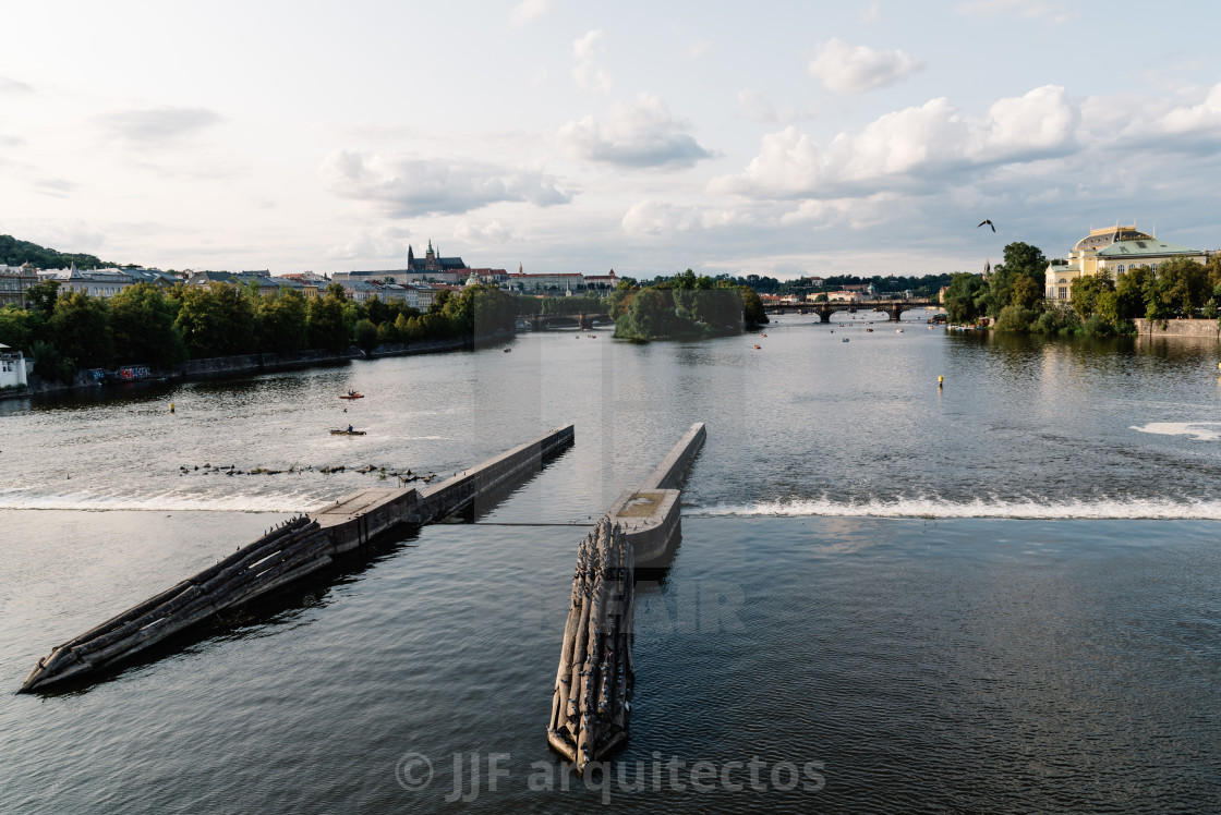 "Scenic view of Vltava river in historic centre of Prague" stock image