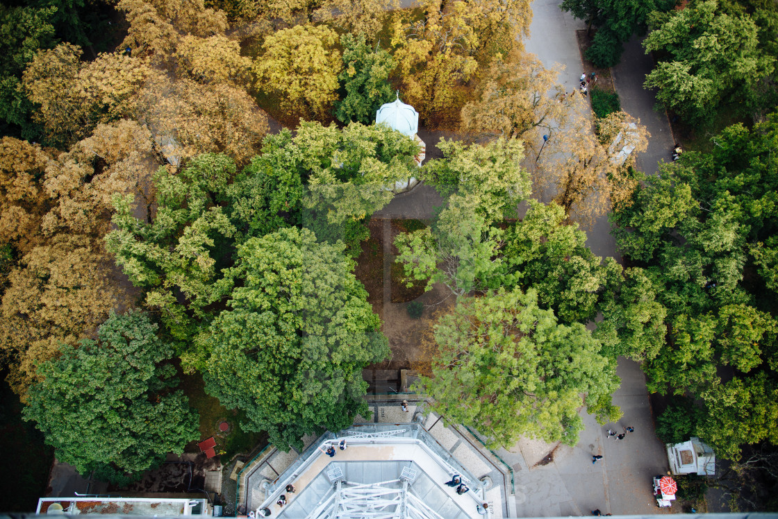 "Top view of trees and people at Petrin Tower in Prague" stock image