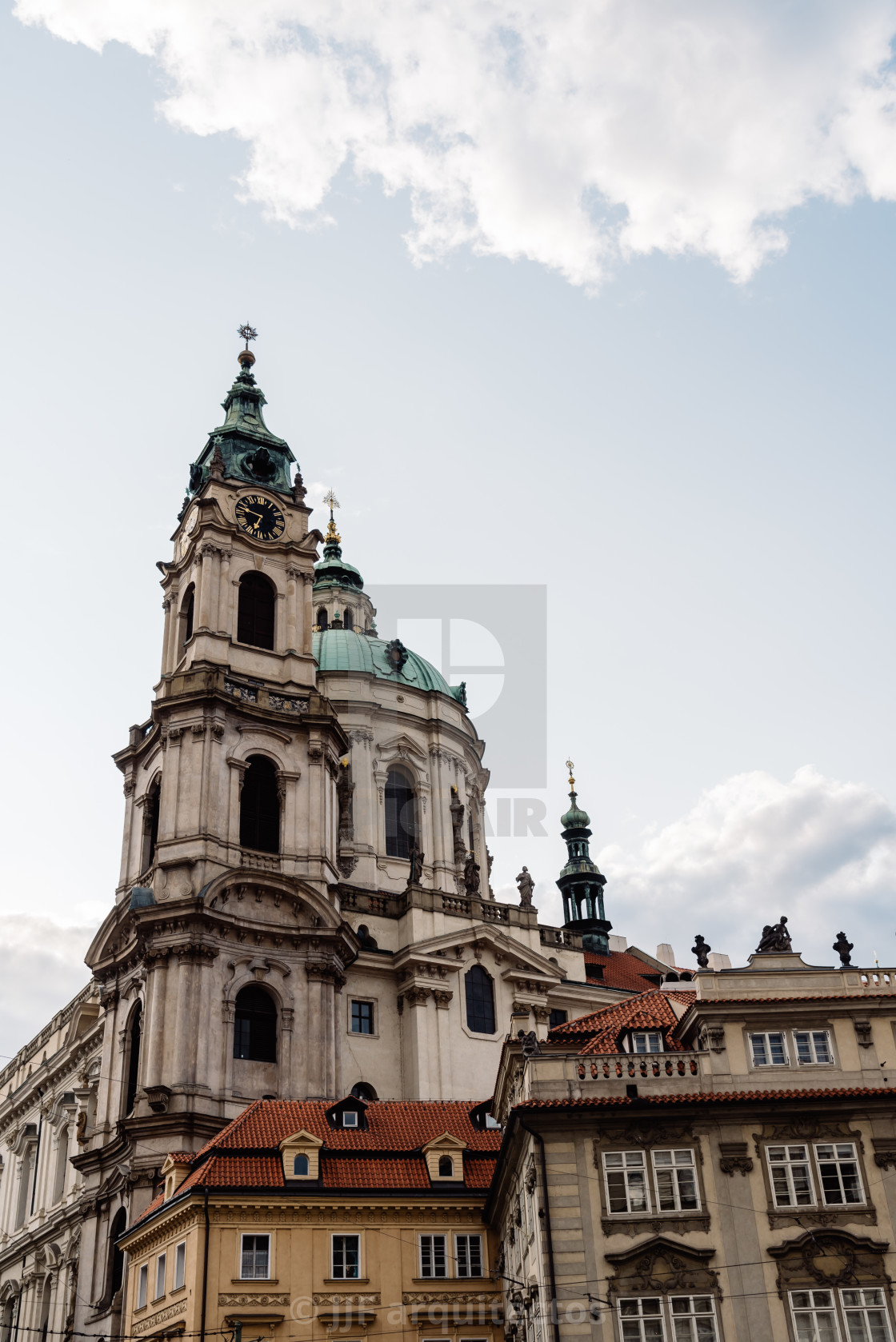 "Low angle view of St Nicholas Bell Tower in Prague" stock image