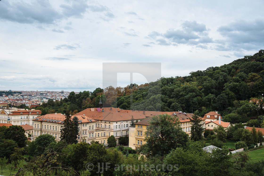 "Cityscape of Prague with Petrin Hill" stock image