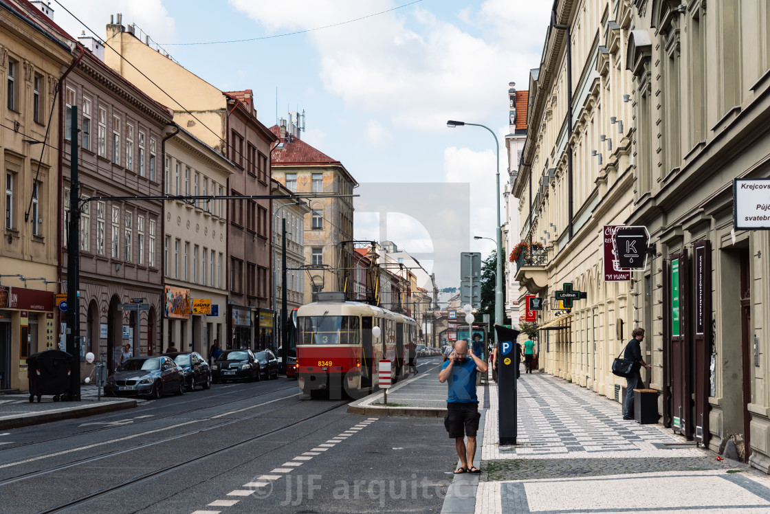 "Red tram in the street of Prague" stock image