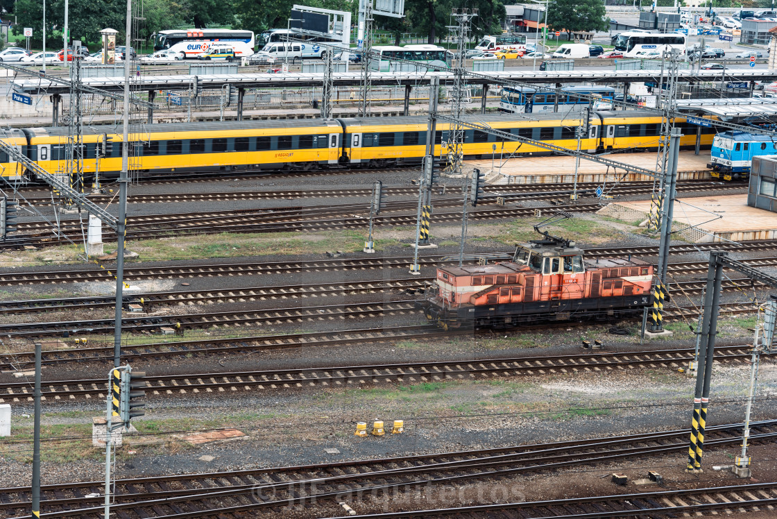 "High angle view of locomotive the train station" stock image