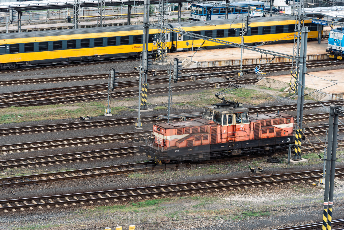 "High angle view of locomotive the train station" stock image