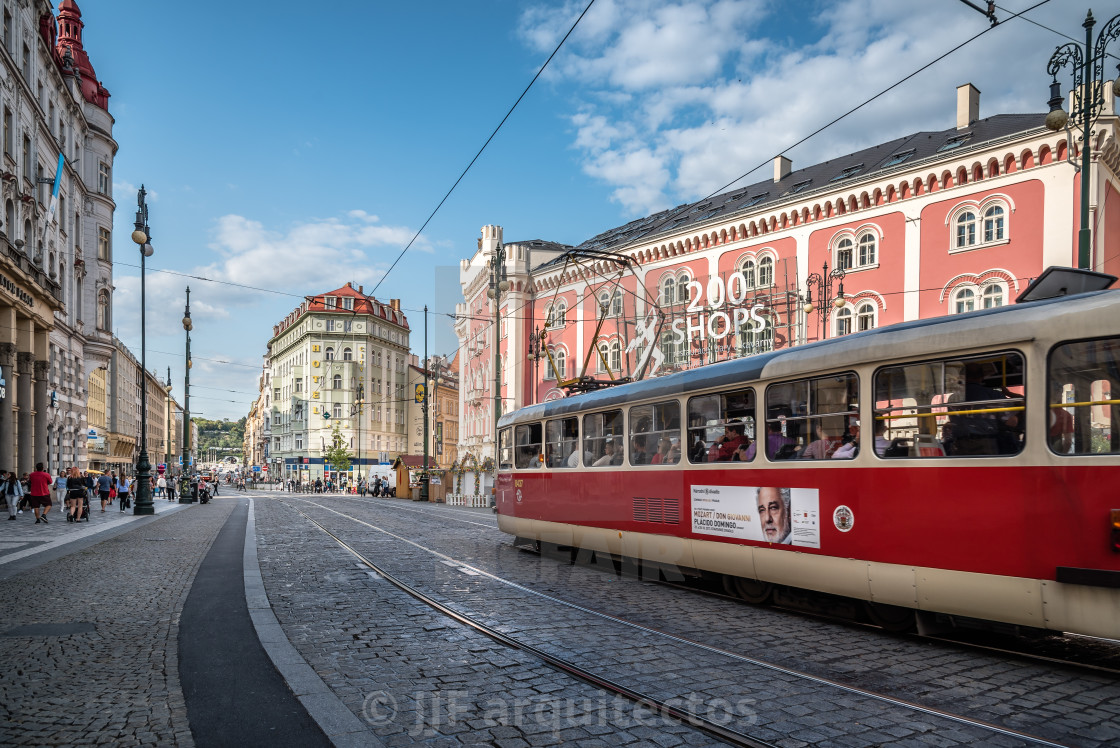 "Red tram in the street of Prague" stock image