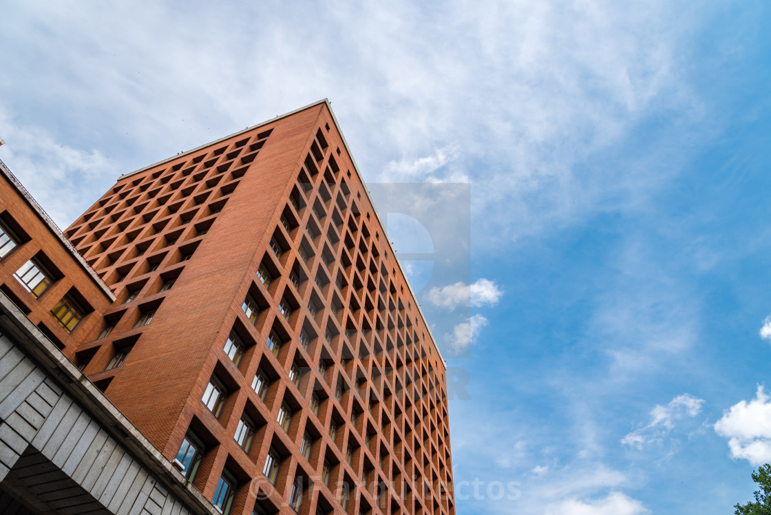 "Low angle view of rationalist brick building in Madrid" stock image