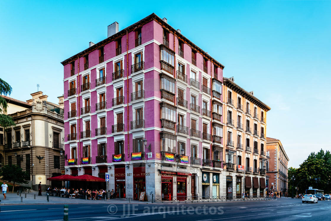 "Bailen Street in historic city centre of Madrid at sunset." stock image