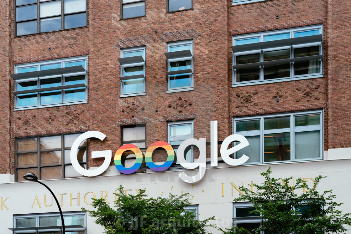 "Google sign with rainbow colors outside the Google office in New" stock image