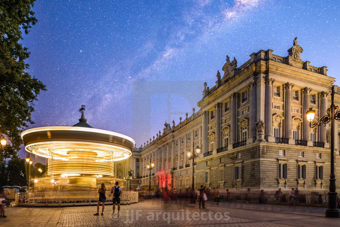 "Royal Palace and carousel in Oriente Square in Madrid" stock image