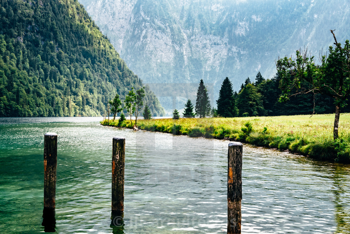 "Scenic view of Konigssee in Bavaria a misty day" stock image