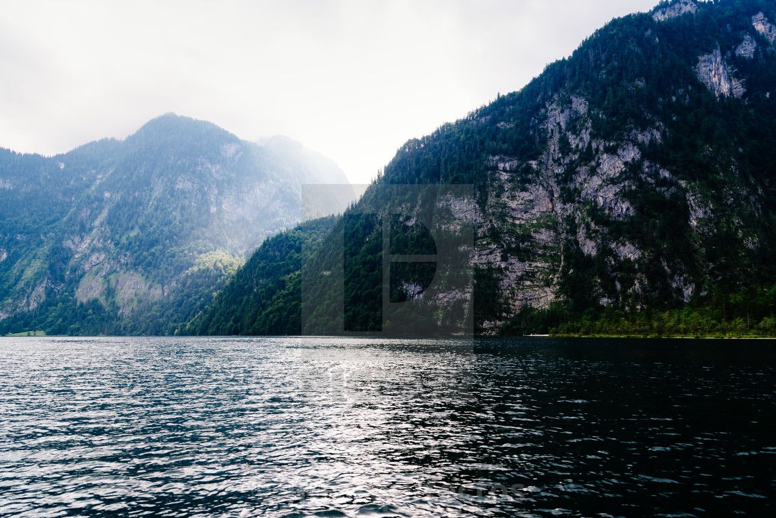 "Scenic view of Konigssee in Bavaria a misty day" stock image