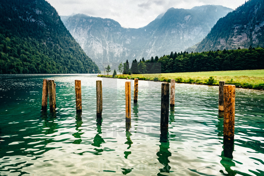 "Scenic view of Konigssee in Bavaria a misty day" stock image