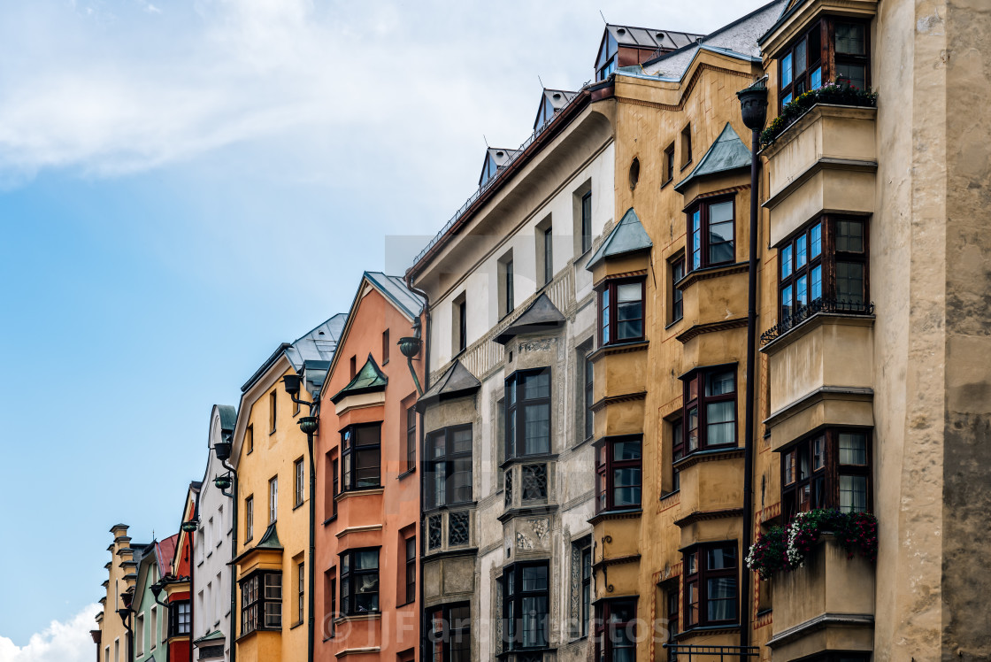 "Low angle view of old buildings in old town of Innsbruck" stock image