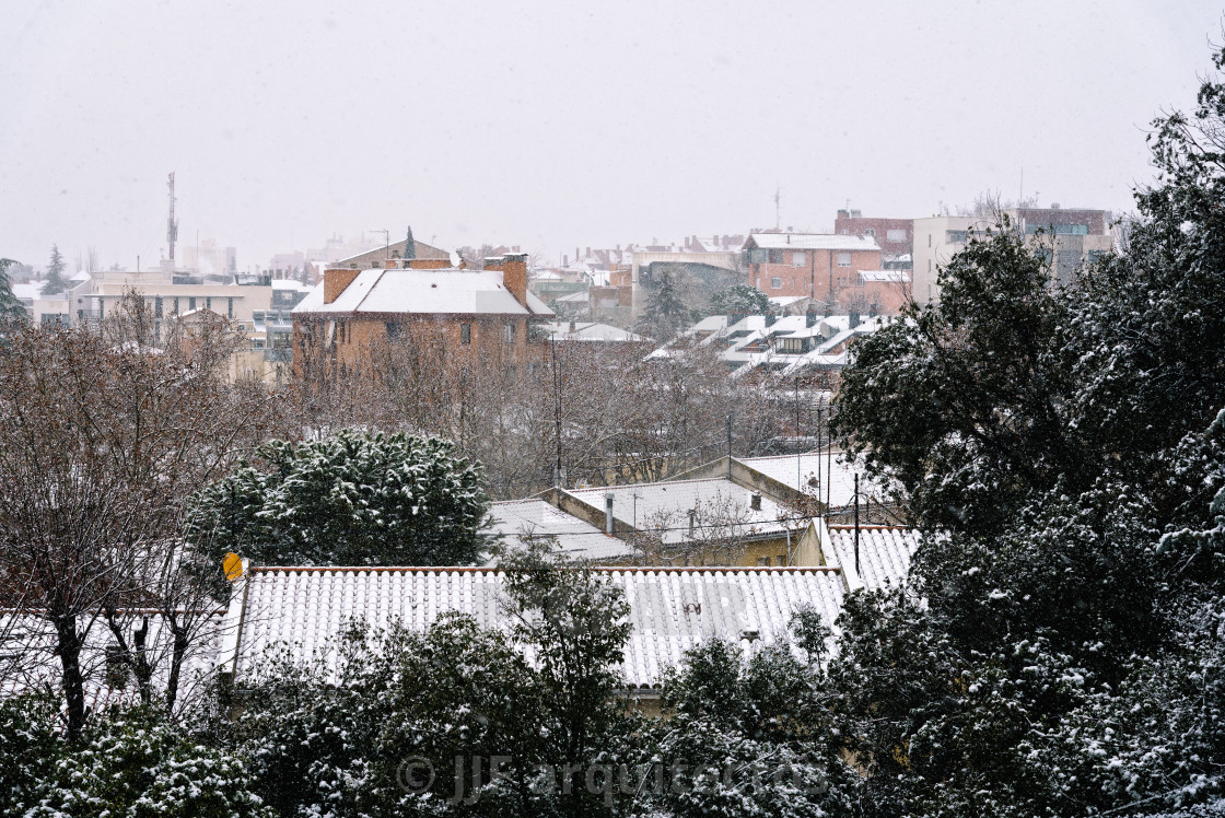 "Snowed cityscape of Ciudad Lineal in Madrid" stock image