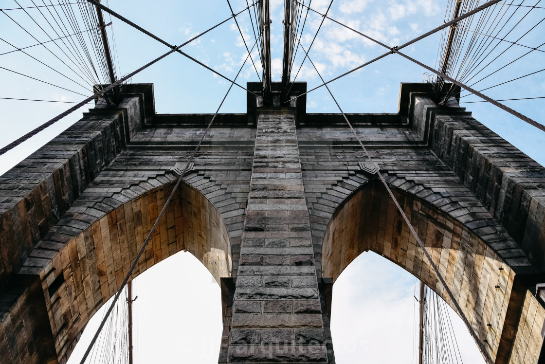 "Low angle view of Brooklyn Bridge in New York" stock image