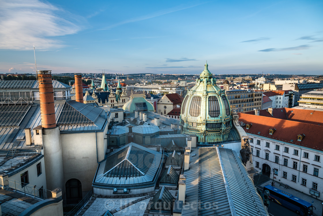 "High angle view of historic centre of Prague" stock image