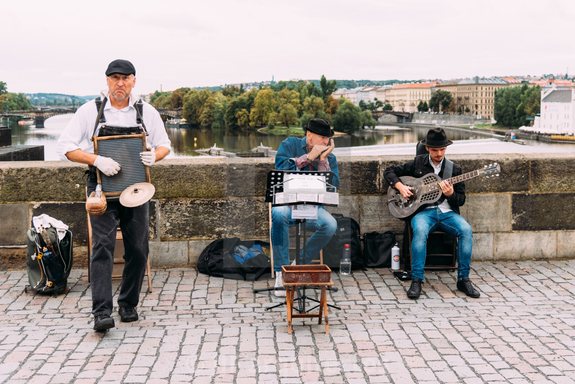 "Jazz street band playing music in Prague" stock image