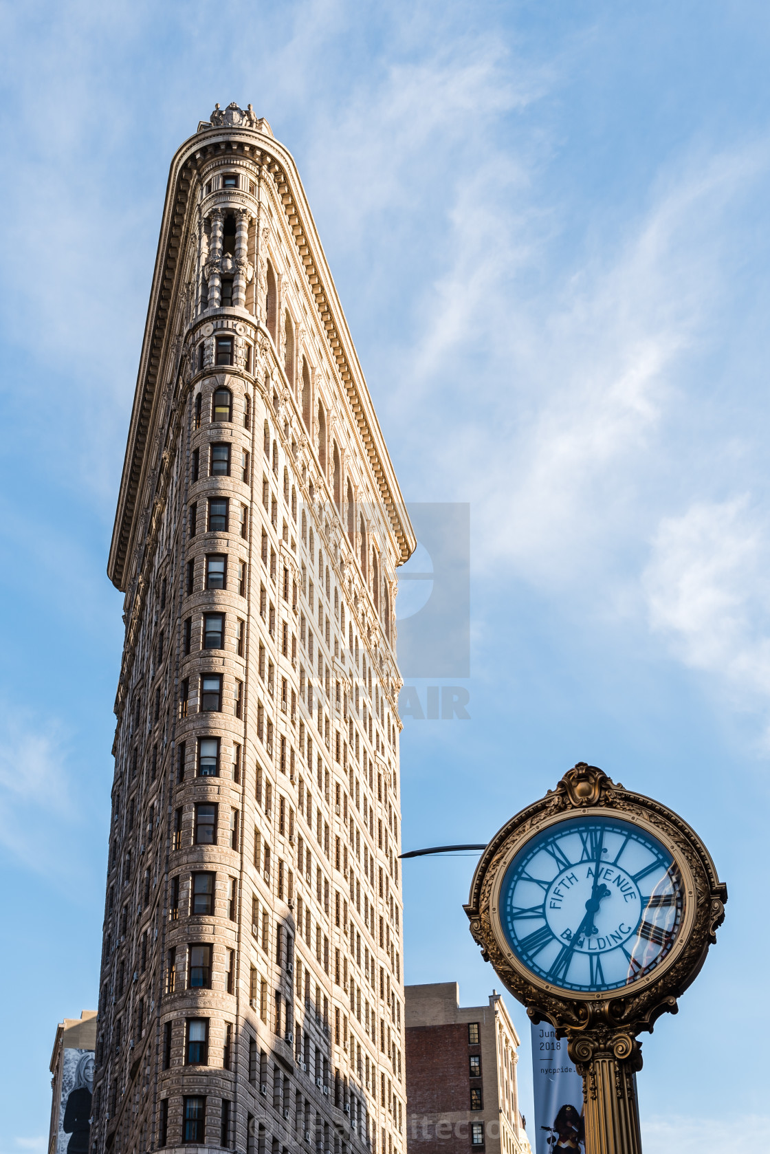 "Low angle view of Flatiron Building in NYC" stock image