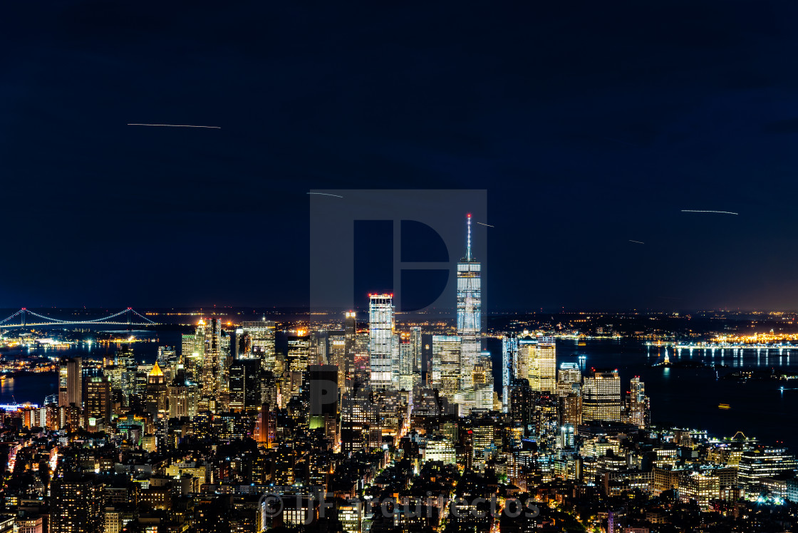 "High angle view of the skyline of Manhattan at night" stock image