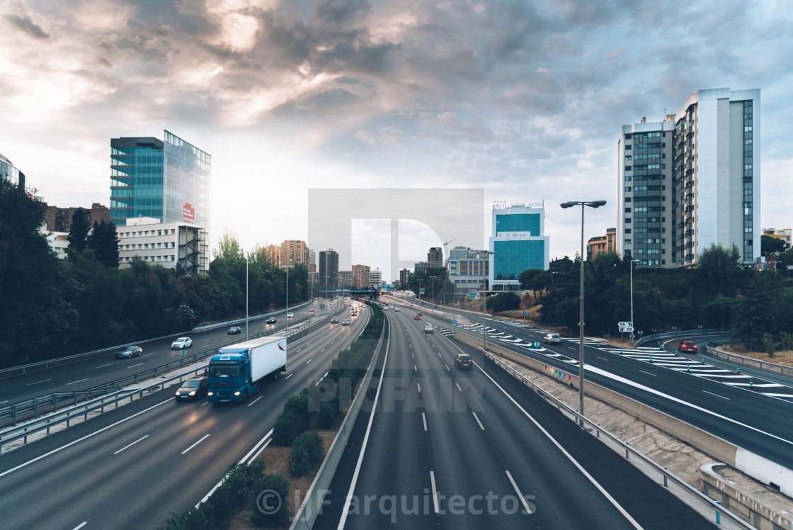 "M30 motorway in Madrid at sunset, Spain" stock image