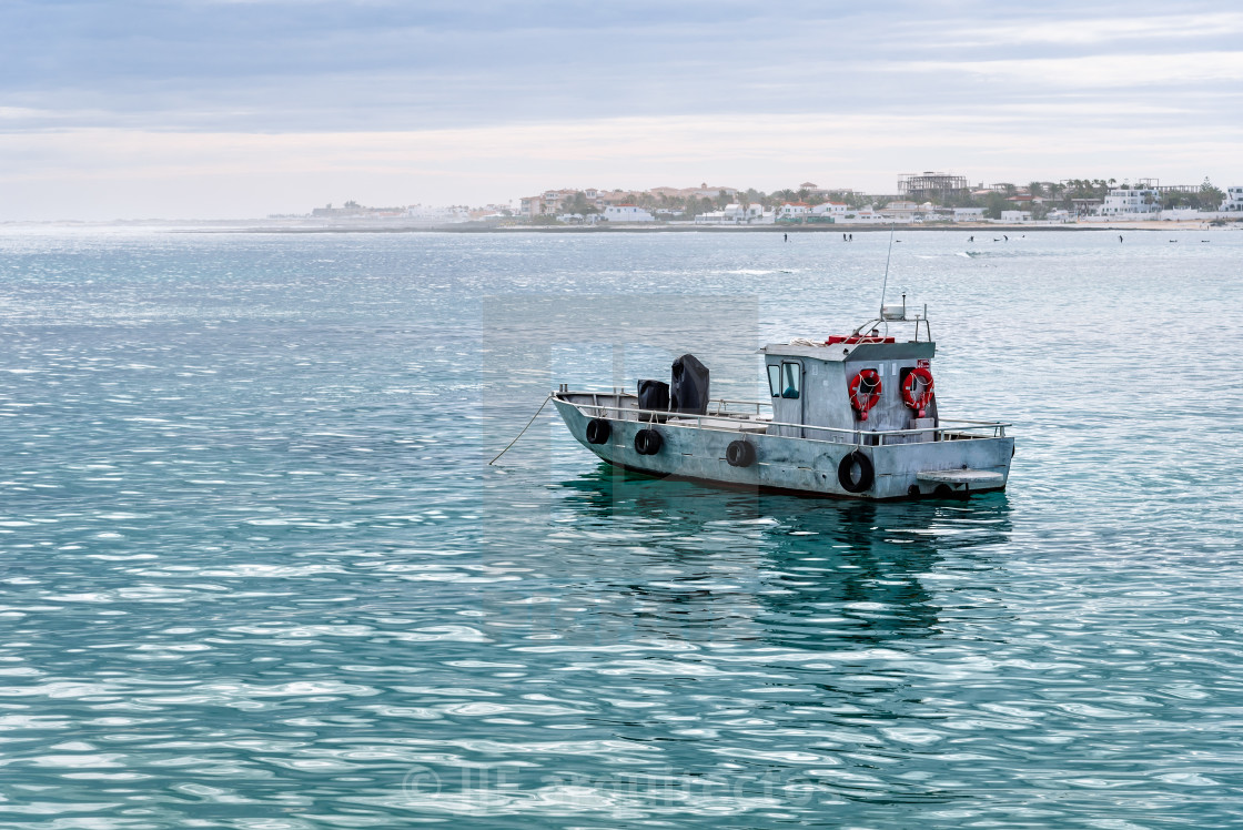 "Boat in Corralejo Bay in Fuerteventura, Canary Islands" stock image