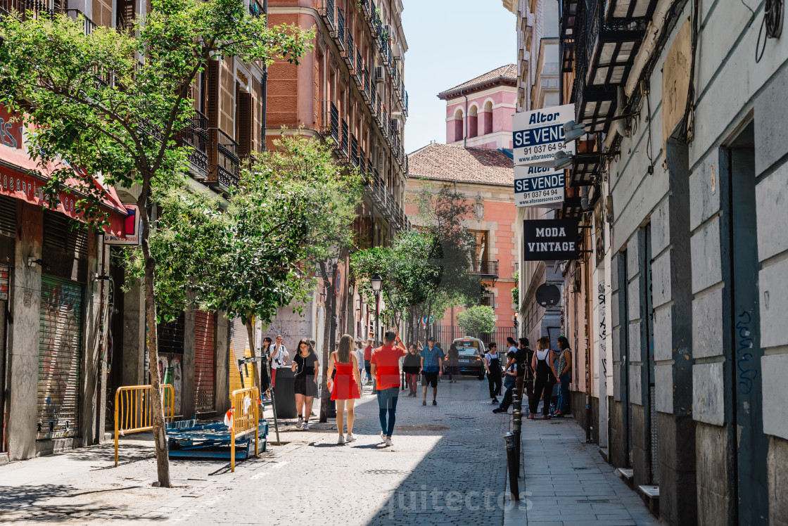 "Street scene in Malasana district in Madrid" stock image