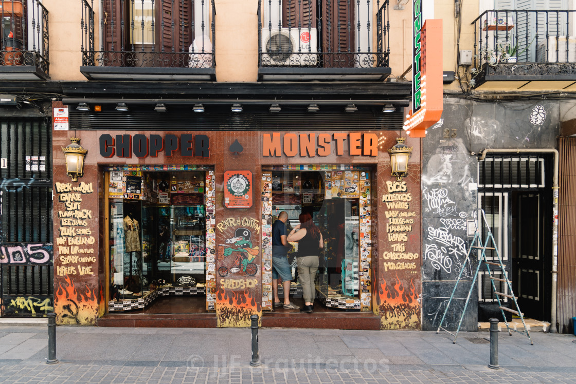 "Colorful storefront in Malasana district in Madrid" by JJF arquitectos - $18.09 "Colorful storefront in Malasana district in Madrid" stock image