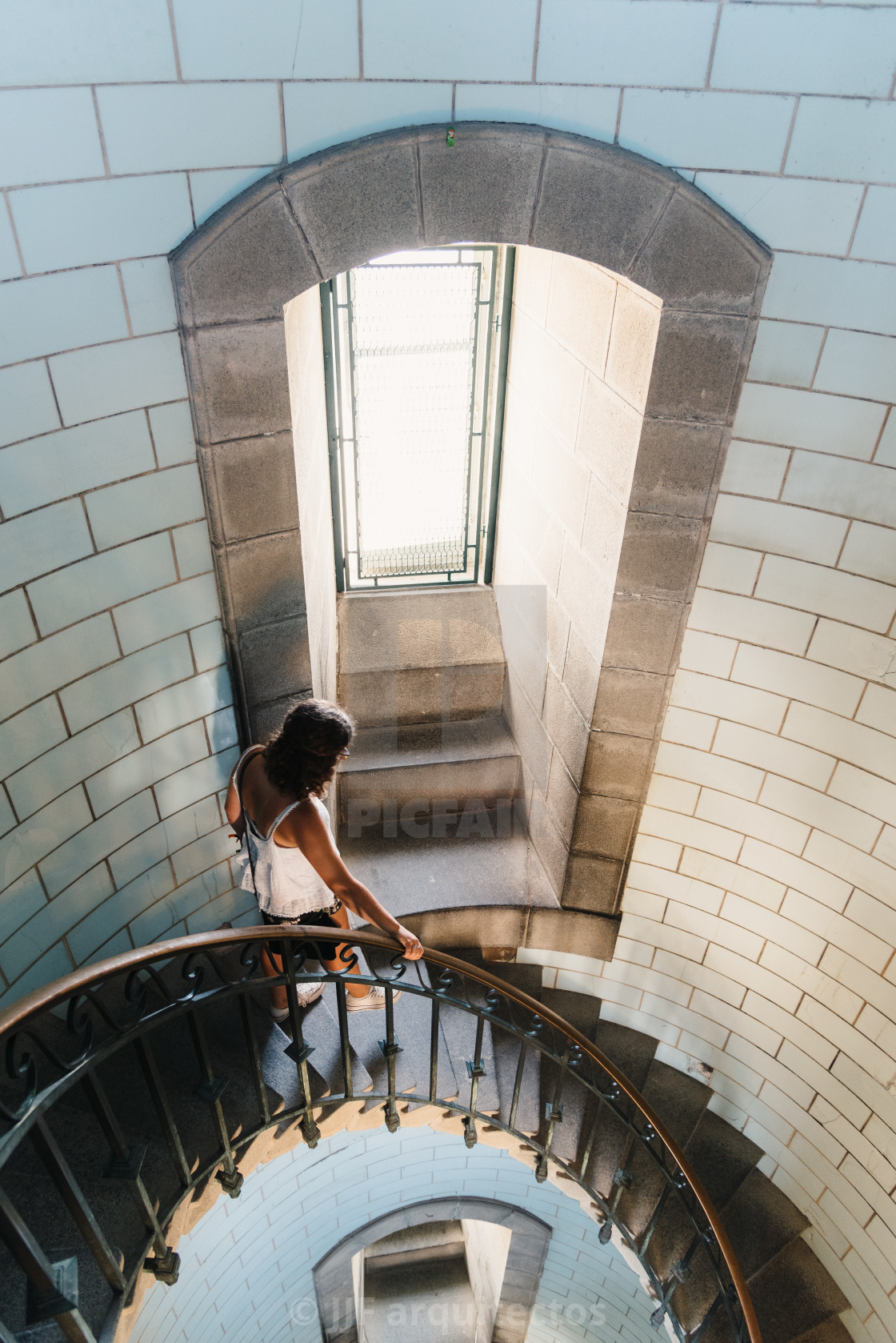 "Spiral staircase in Eckmuhl Lighthouse in Brittany" stock image