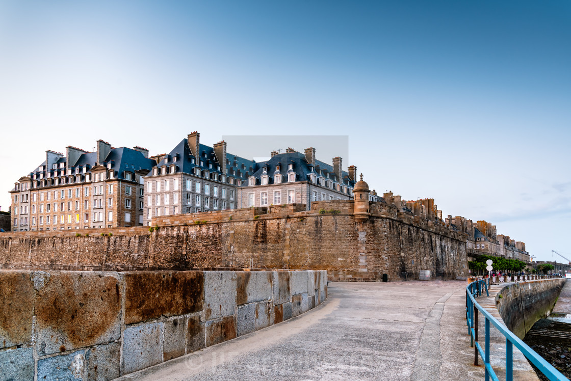 "View of the walled city of Saint Malo at sunset" stock image