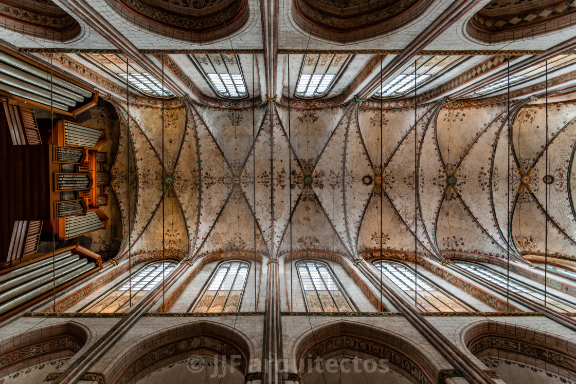 "Directly below view of the vaults of St. Mary Church in Lubeck" stock image