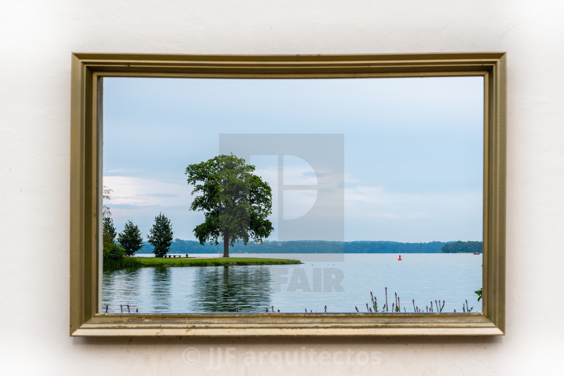 "Framed view of Schweriner Innensee lake from Schwerin Castle. Ge" stock image