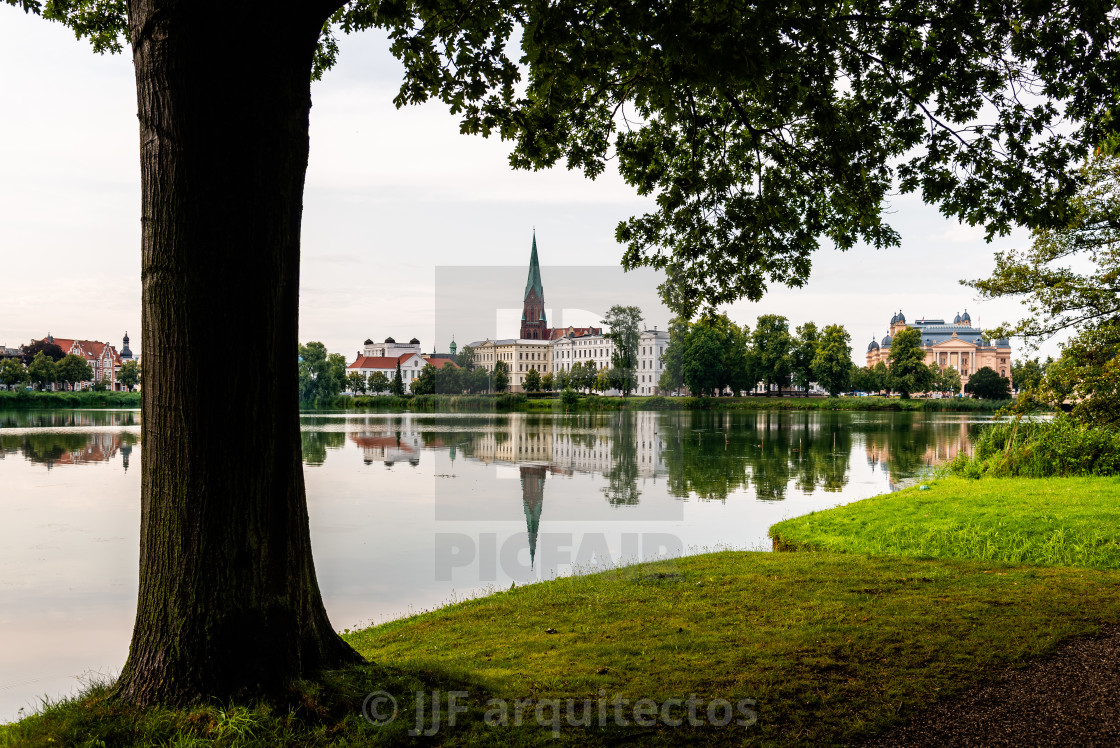 "Cityscape of historic centre of Schwerin and Burgsee lake, Germany" stock image