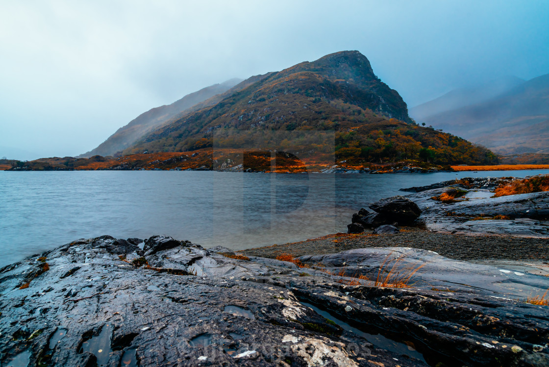 "Scenic view of lake against mountian in Killarney" stock image