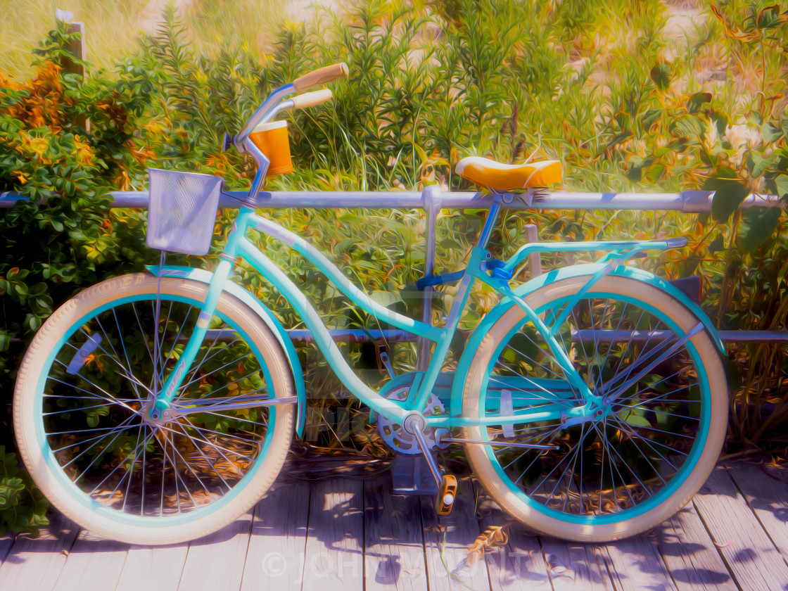"BEACH CRUISER BICYCLE ON THE BOARDWALK" by JOHN MOUNT - £20.00 "BEACH CRUISER BICYCLE ON THE BOARDWALK" stock image