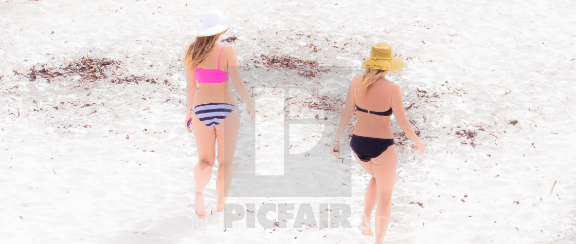 "Bikinis on Carmel Beach" by JOHN MOUNT - £20.00 "Bikinis on Carmel Beach" stock image