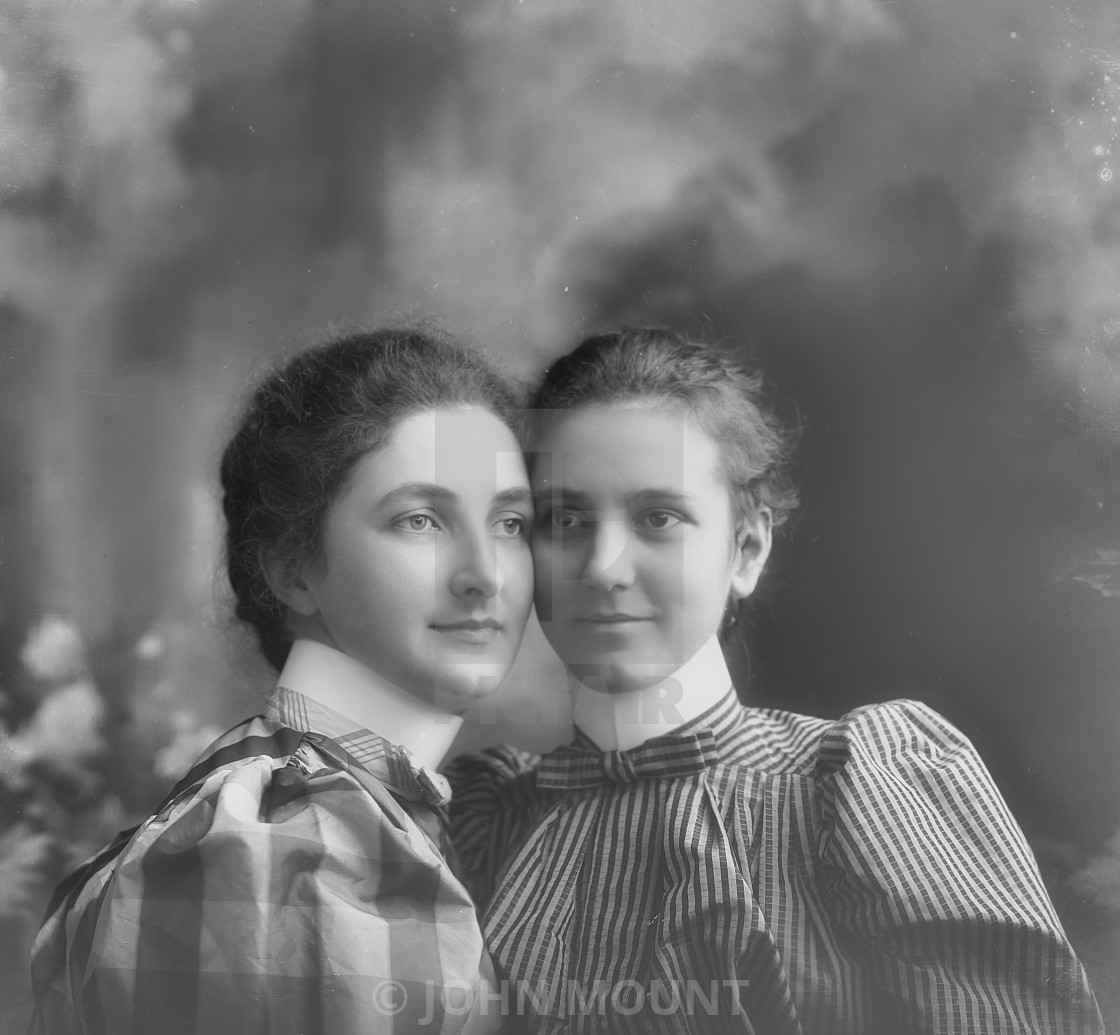 "Antique Portrait of Two Women in elegant dresses" by JOHN MOUNT - £20.00 "Antique Portrait of Two Women in elegant dresses" stock image