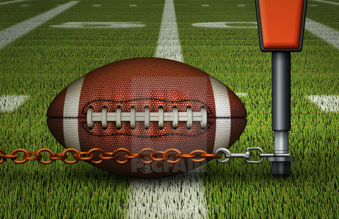 Football With First Down Chains Near The Fifty Closeup License