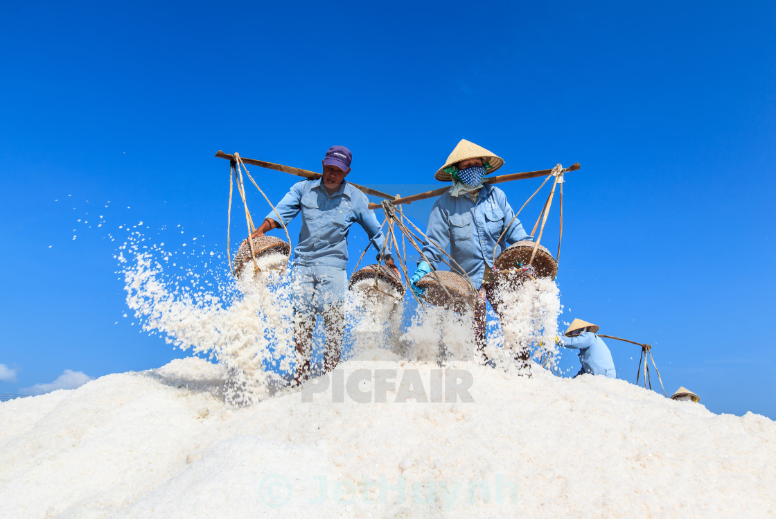 "Workers transporting salt from the fields in Hon Khoi, Viet Nam" stock image