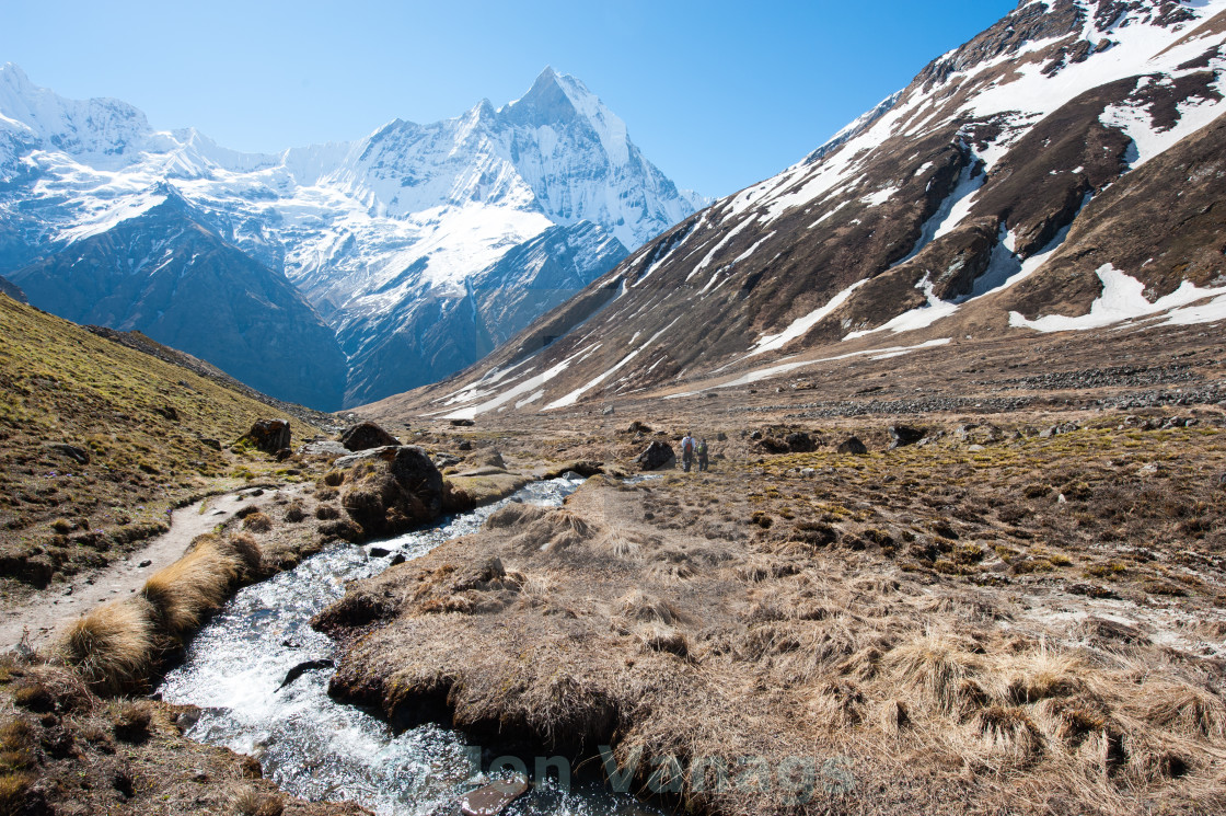 "Stream with Fishtail Mountain in the background, AnnaPurna, Himalayas, Nepal" stock image