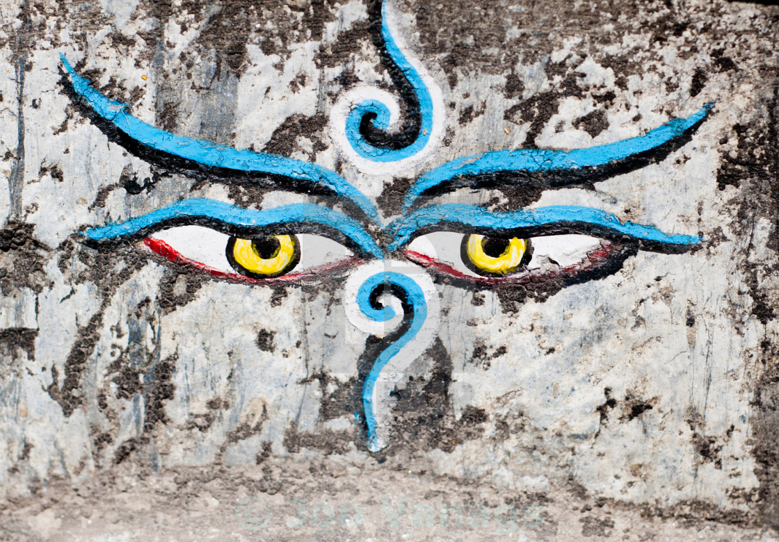 "Eyes painted on a wall, Kathmandu, Nepal" stock image