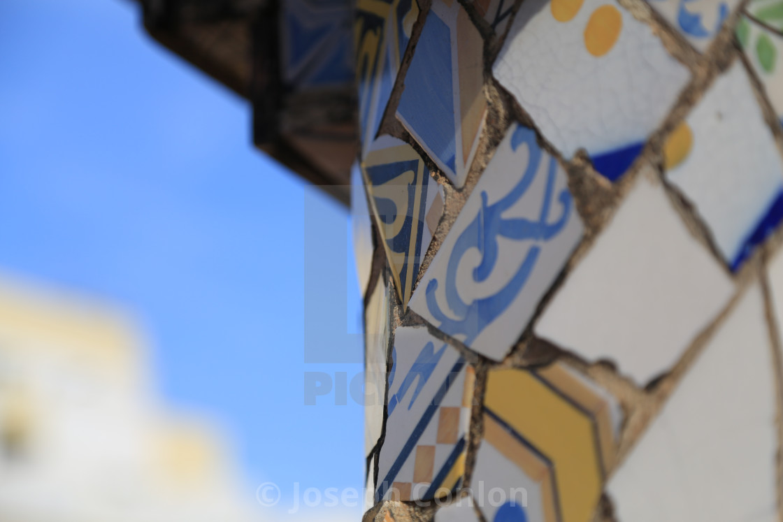 "Gaudi tiles in the Gaudi Park (Park Güell), Barcelona, Spain" stock image