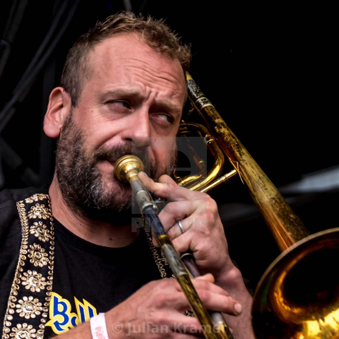 "Trombonist 2 - Bollywood Brass Band at Mela Festival, Oslo" stock image