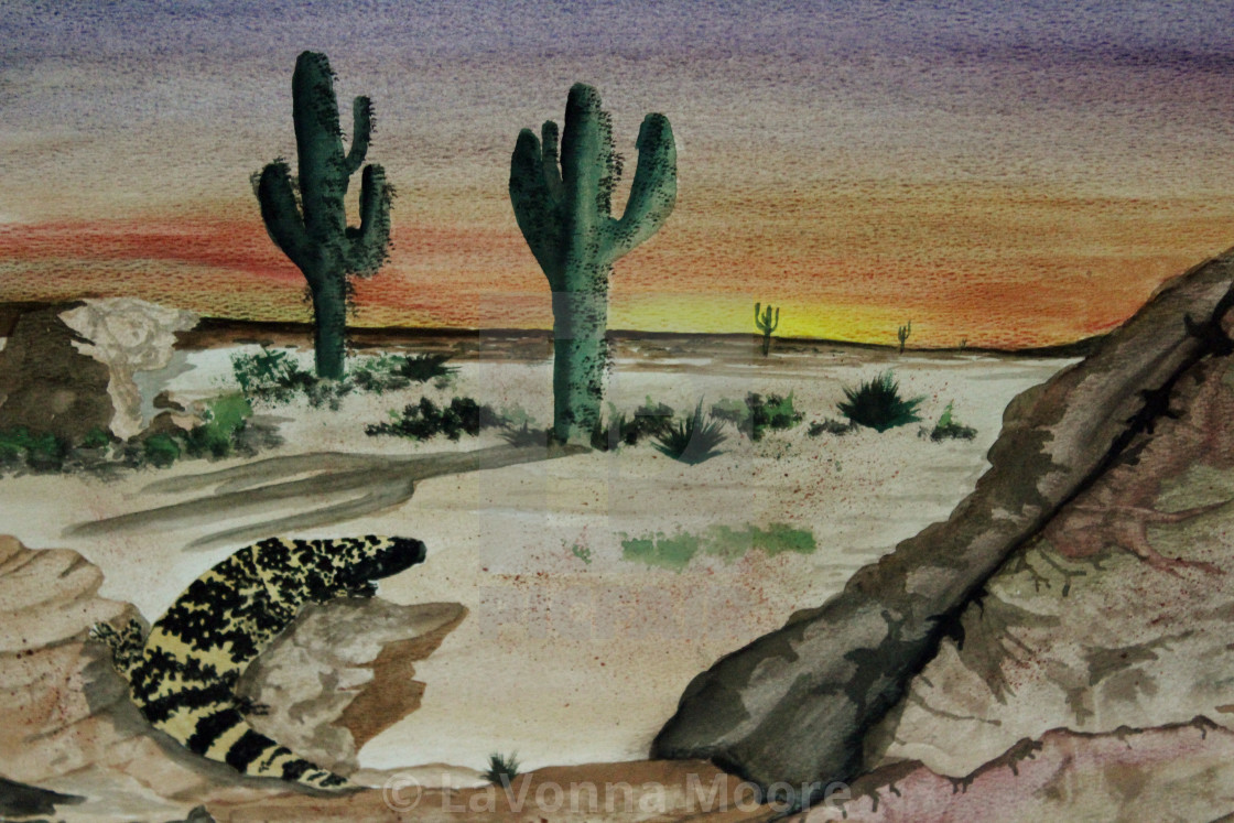 Watercolor Painting Desert Cactus Sunset License Download Or