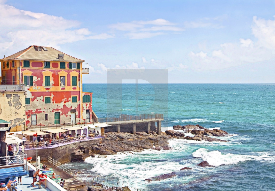 "Genoa, Italy - Corso Italia, bath beach with bathers" stock image