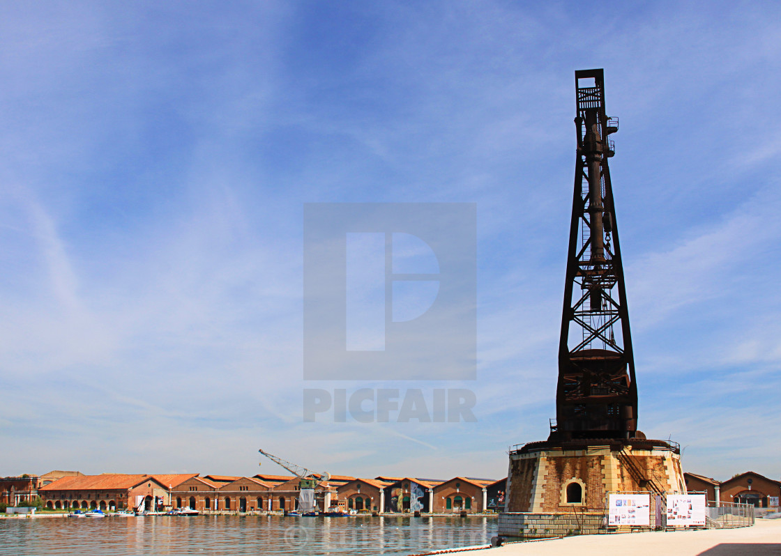 "Venice, Italy - Warehouses and old crane at venice Arsenal" stock image