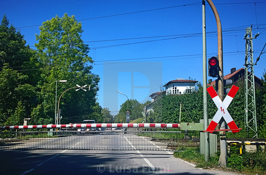 "Railroad crossing closed with red light" by Luisa Fumi - $10.11 "Railroad crossing closed with red light" stock image