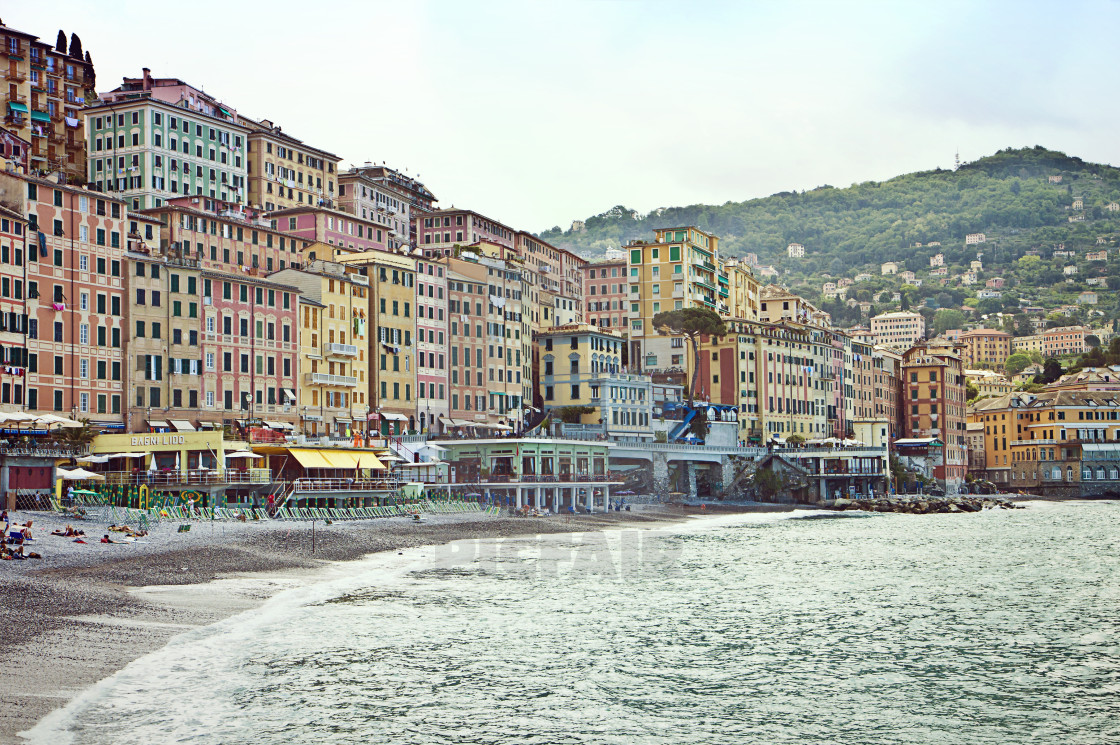 "Camogli, cityscape and strand early morning view" stock image